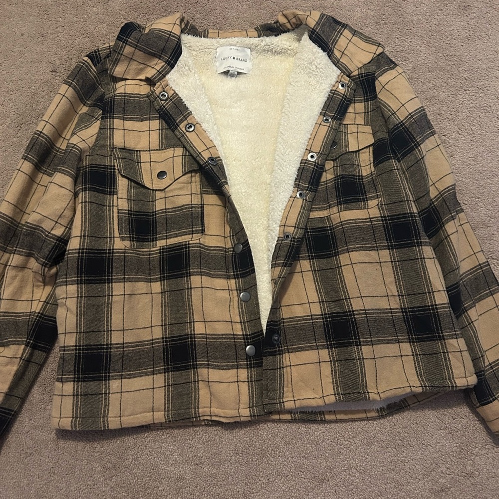 Lucky Brand Tan and Black Plaid Jacket with Sherpa Lining